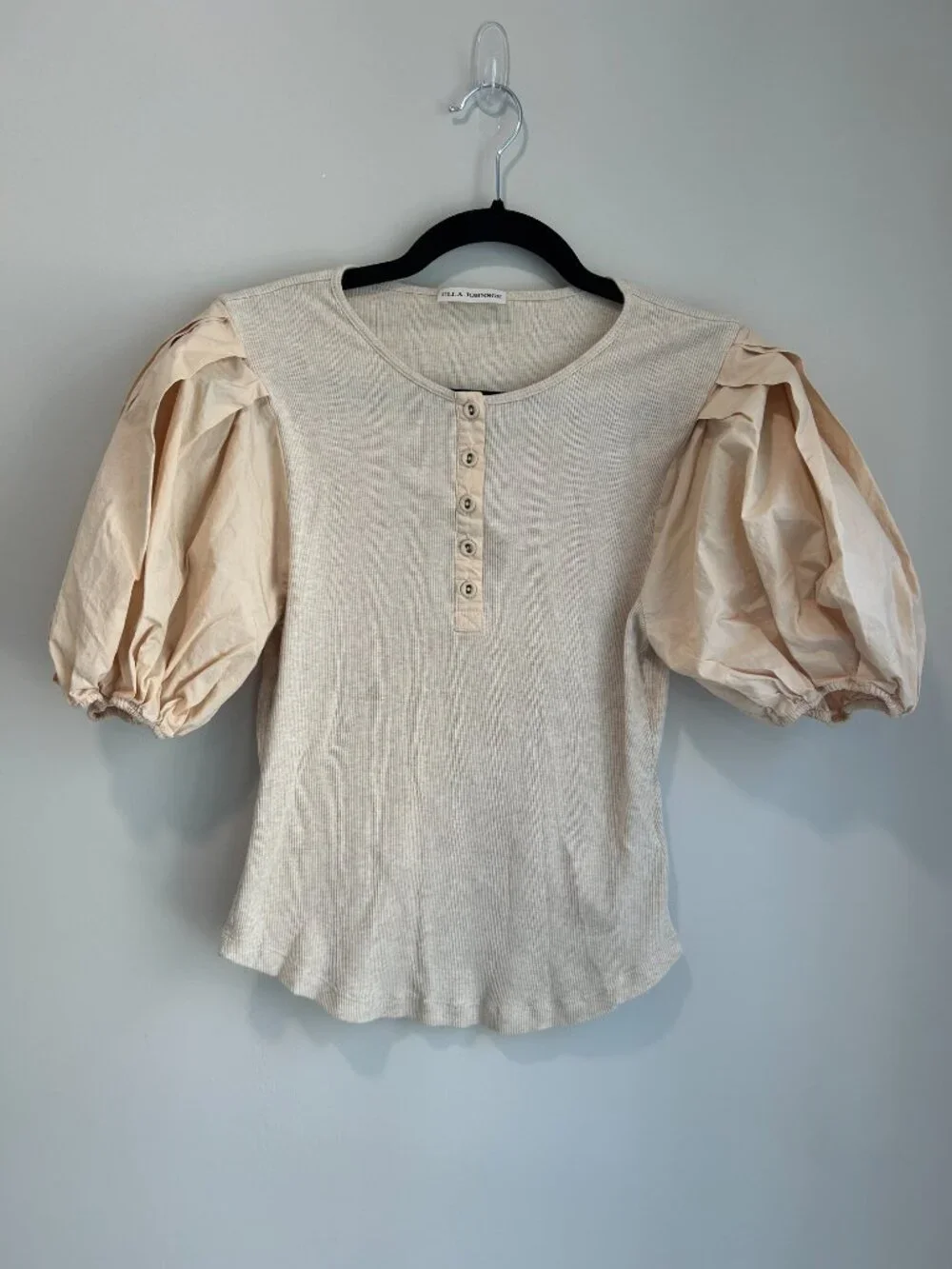 Ulla Johnson Kara‎ Puff Sleeve Top Cream Cotton Knit Blouse Henley Medium